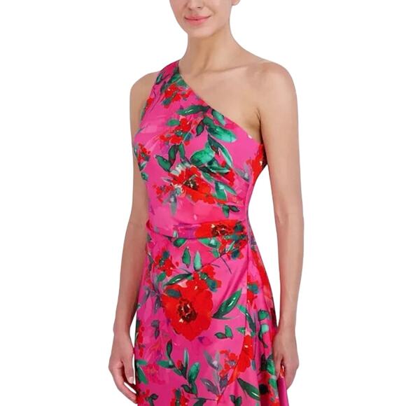 NWT Eliza J Petite Floral Satin Asymmetric-Hem Midi Dress Pink Multicolor Size 6 - Picture 3 of 9
